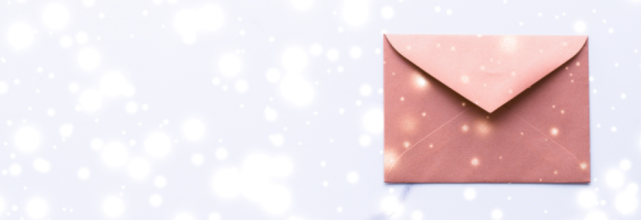 Pink envelope with light blue background and snow effect